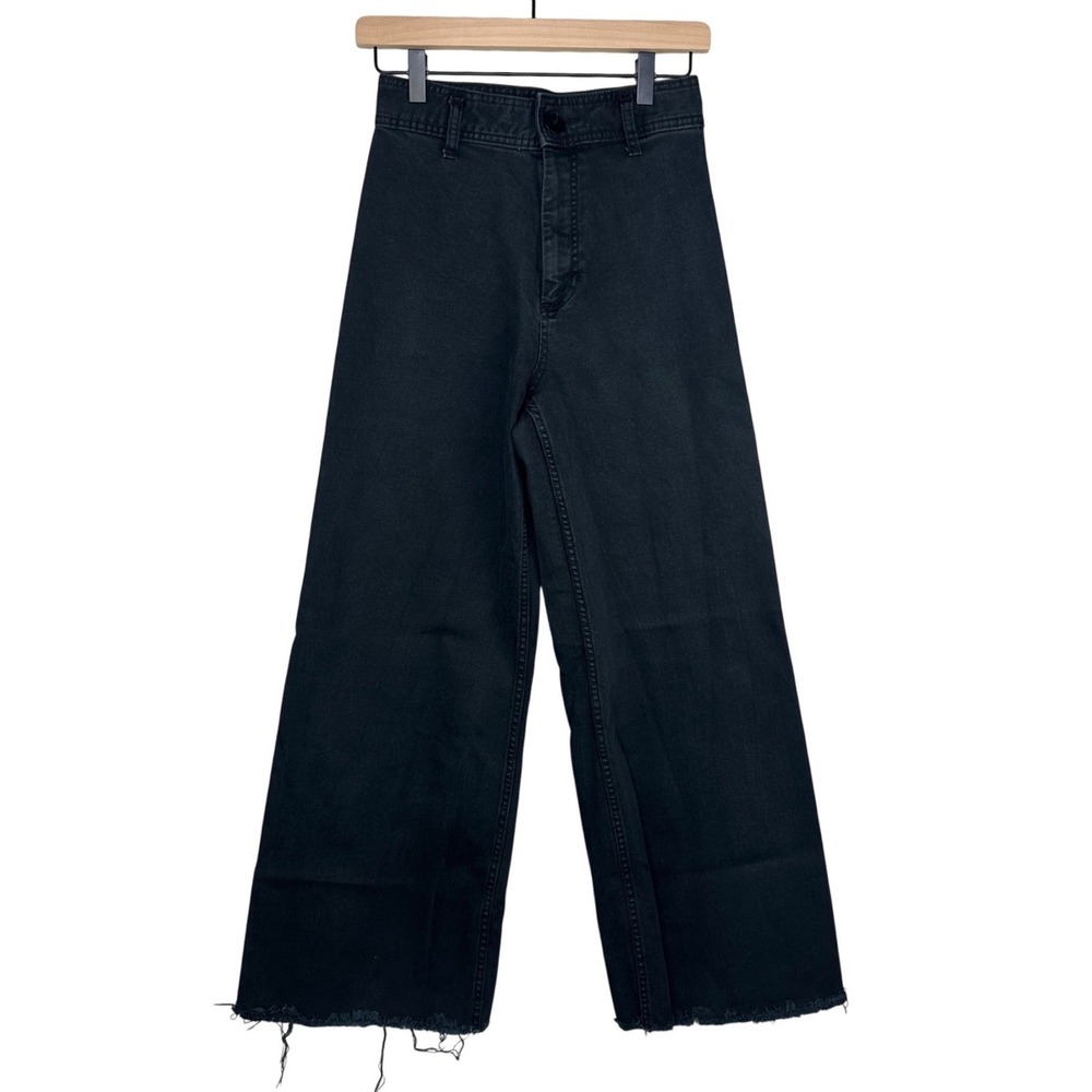 Zara Womens High Waisted Wide Leg Jeans Streetwear Raw Hem Black Size 4